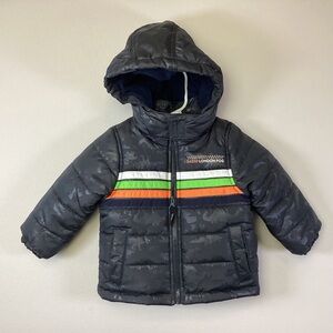 London Fog Toddler Boys Puffer Side Block Hooded Jacket Zip Dinosaur Size 2T